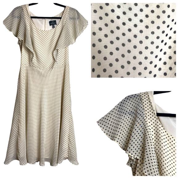 ADRIANNA PAPELL DRESS 6 POLKA DOT IVORY CREAM BLACK FLUTTER SLEEVE COCKTAIL MINI - Picture 1 of 7